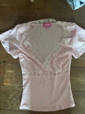 Lace Trim V Neck Fitted Short Sleeve Top Light Pink XS